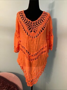 Orange Crochet V-Neck Swim Coverup Tunic